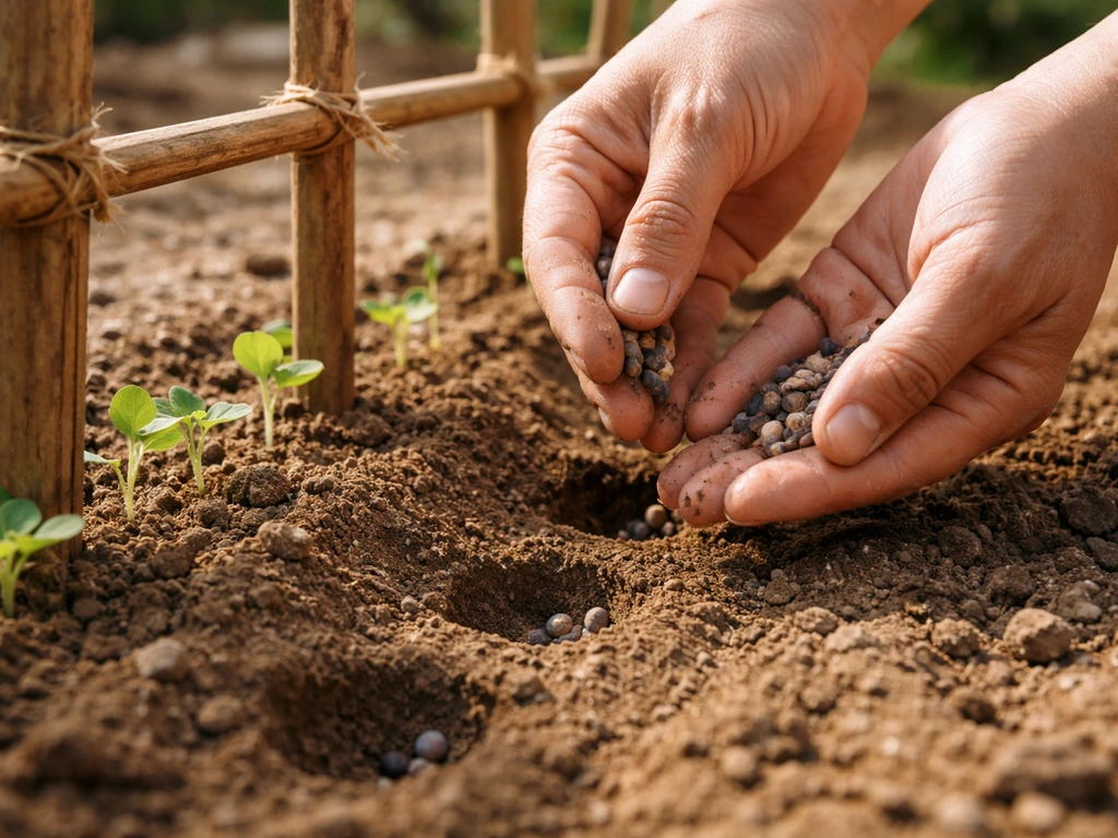 Hands sowing butterfly pea seeds into warm garden soil beside a simple trellis.