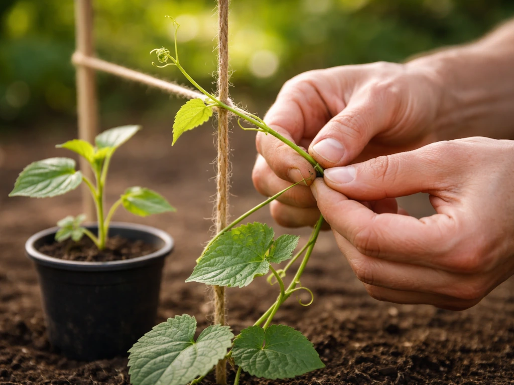 Hands gently tying a young vine to a simple string trellis beside a small potted seedling.