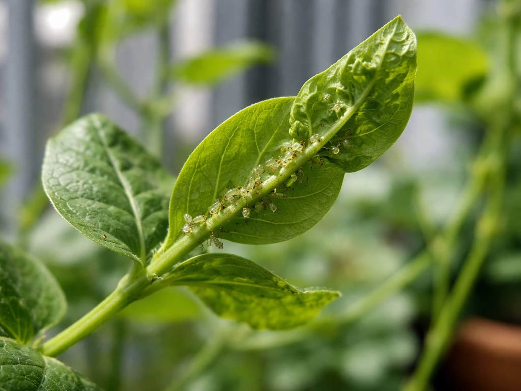Close-up of butterfly pea leaf underside with aphids clustered on new growth and slight damage.