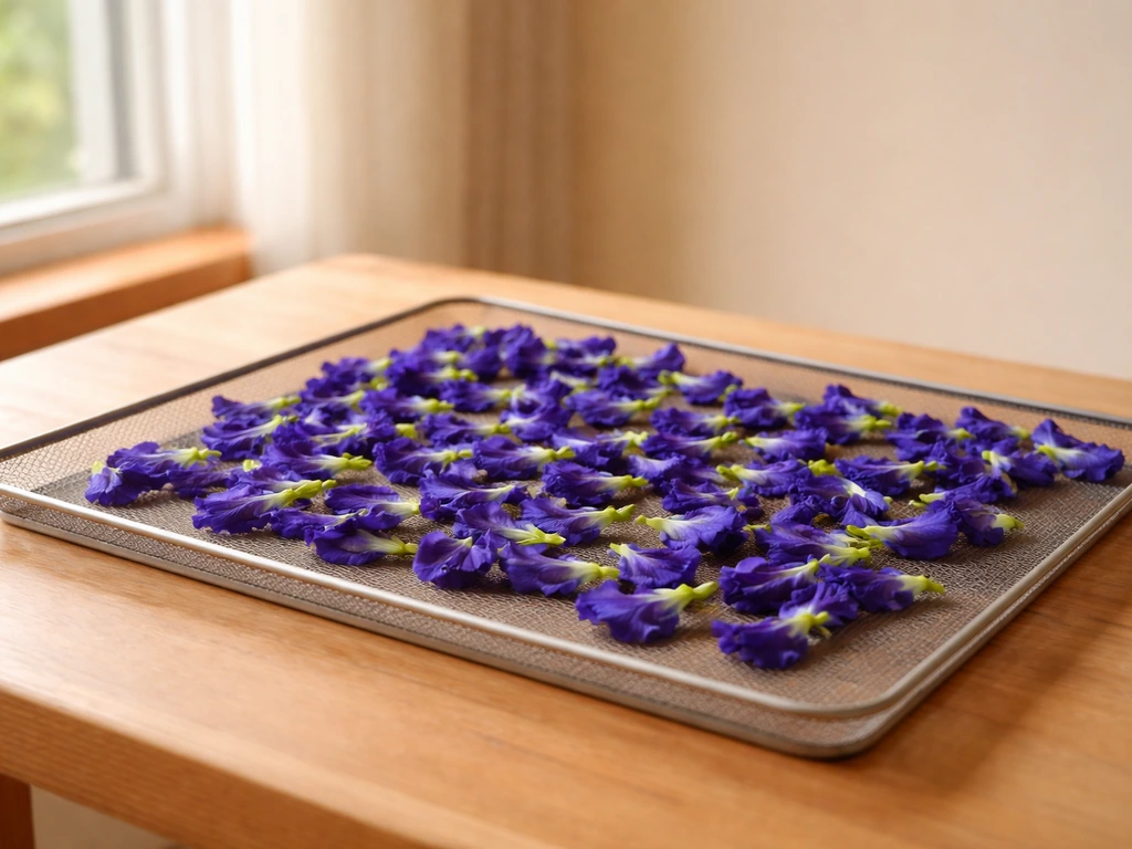 Butterfly pea flowers laid in a single layer on a mesh rack in a warm, dry room